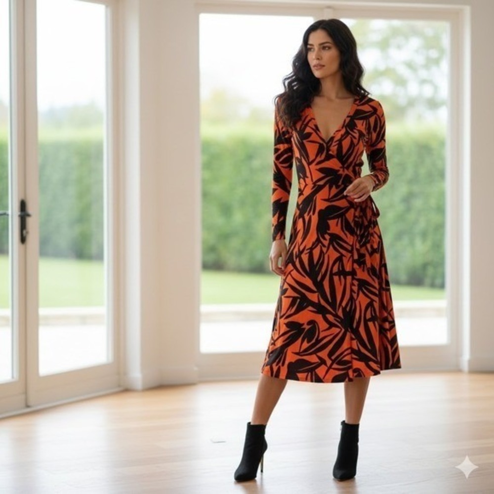 Boden Wrap Dress Orange Black Floral Print Long Sleeve Midi Size 4L